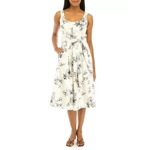 Anne Klein Topstitch Pleated Midi Dress (IVORY MULTICOLOR) sleeveless Sz 6 NWT